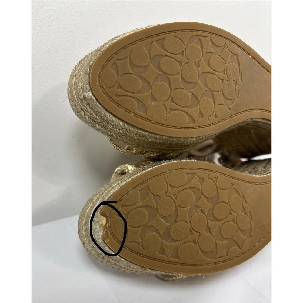 Coach Metallic Gold Braided Espadrille Wedge Sandals